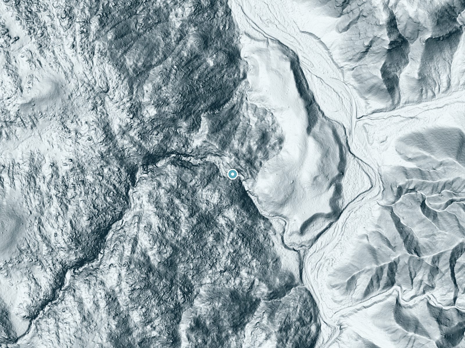 LiDAR bare-earth terrain around Hidden Falls near Palm Springs, California, showing about 143 feet of drop, a long cascade, facing east