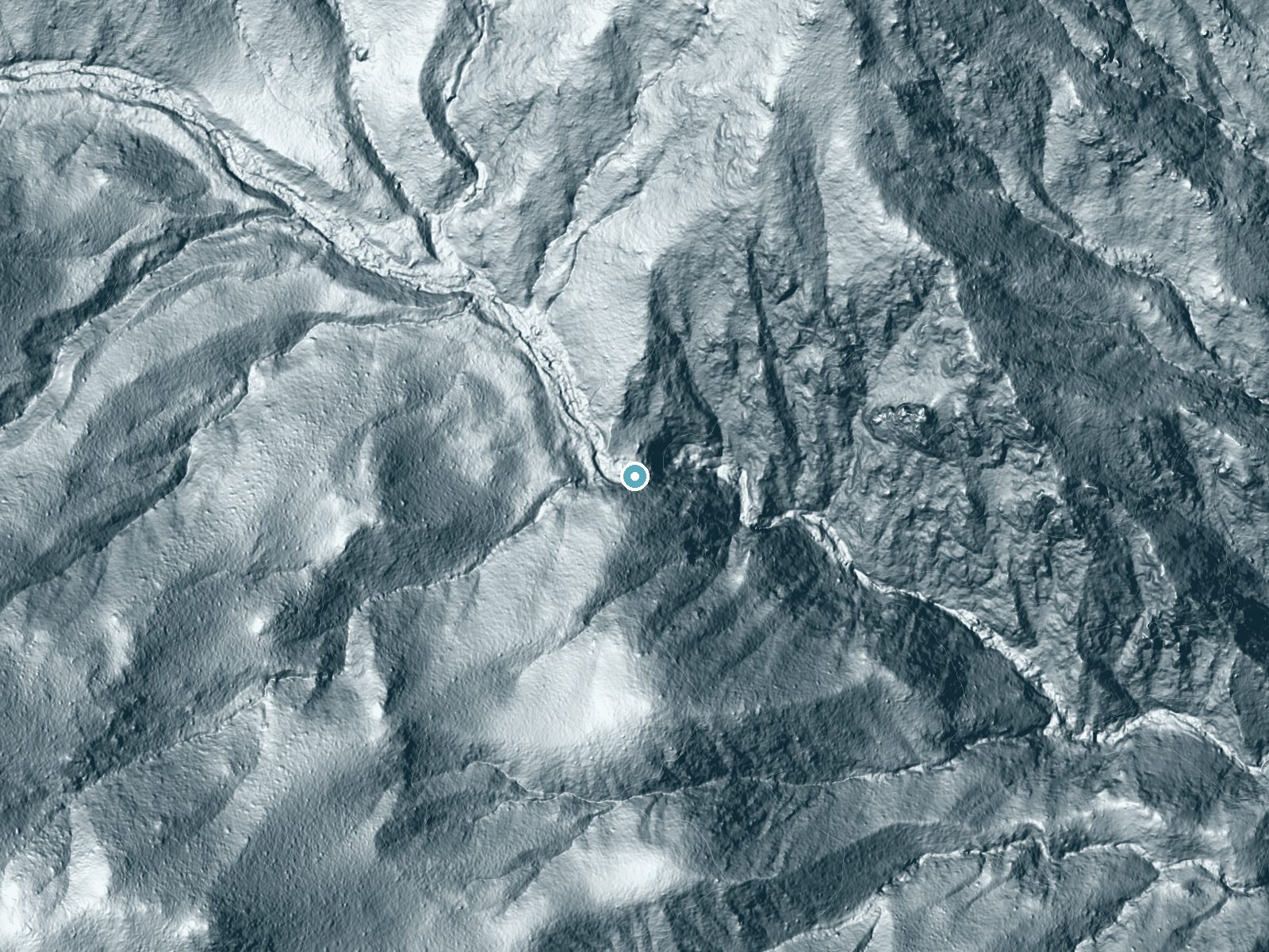LiDAR bare-earth terrain around Andreas Falls near Idyllwild-Pine Cove, California, showing about 330 feet of drop, a single sheer drop, facing east