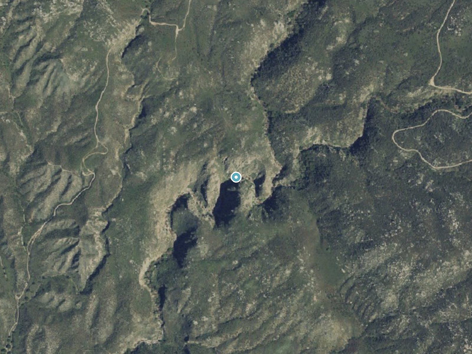 Aerial photo of the same ground around Hidden Heart Falls near Valle Vista, California, for comparison with the lidar view