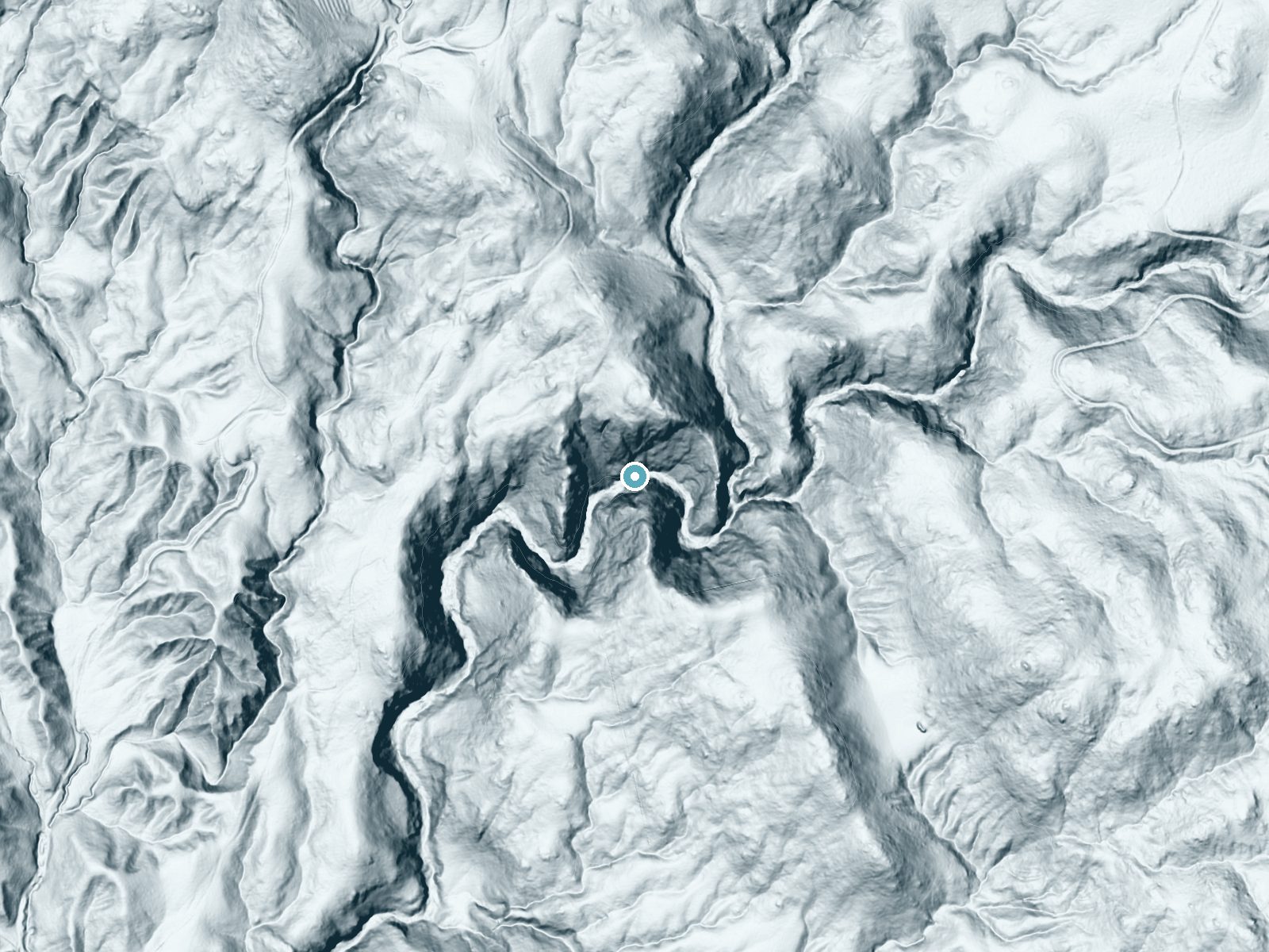 LiDAR bare-earth terrain around Hidden Heart Falls near Valle Vista, California, showing about 326 feet of drop, a single sheer drop, facing south