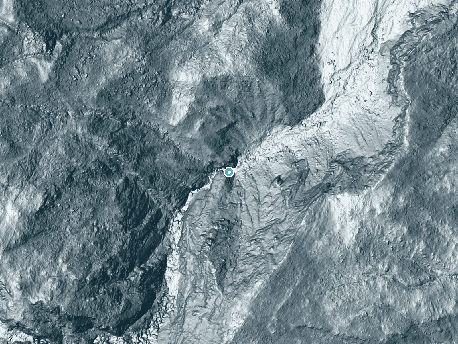 LiDAR bare-earth terrain around Tahquitz Falls near Palm Springs, California, showing about 261 feet of drop, a steep tiered drop, facing east
