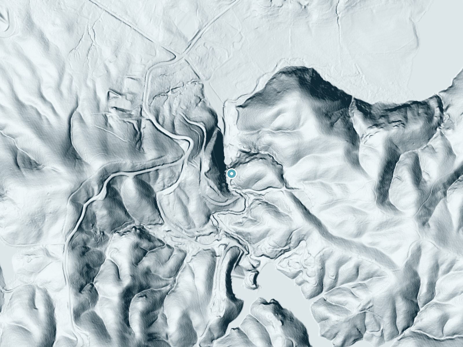 LiDAR bare-earth terrain around Hightower Falls near Buchanan, Georgia, showing about 163 feet of drop, a steep tiered drop, facing north