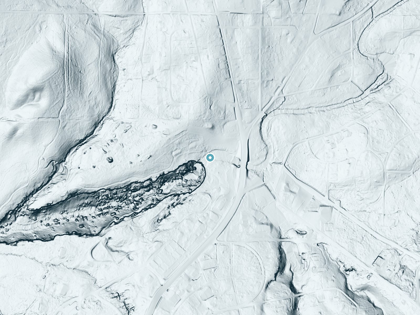 LiDAR bare-earth terrain around Noccalula Falls near Gadsden, Alabama, showing about 105 feet of drop, a steep tiered drop, facing southwest