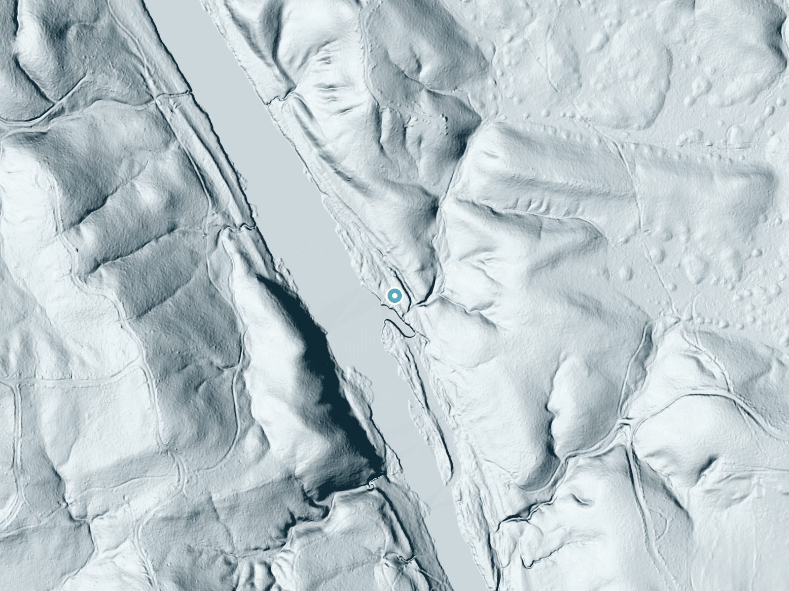 LiDAR bare-earth terrain around Presbyterian Falls near Eagletown, Oklahoma, showing about 33 feet of drop, a long cascade, facing southwest
