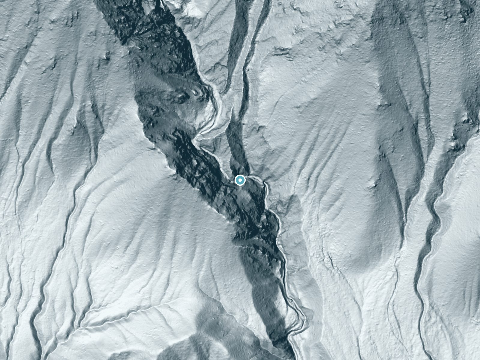 LiDAR bare-earth terrain around Silverwood Falls near Oak Glen, California, showing about 311 feet of drop, a steep tiered drop, facing east