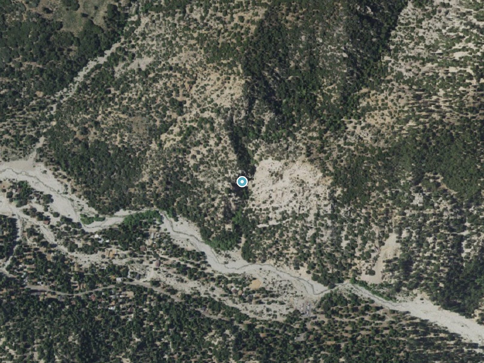 Aerial photo of the same ground around Big Falls near Oak Glen, California, for comparison with the lidar view