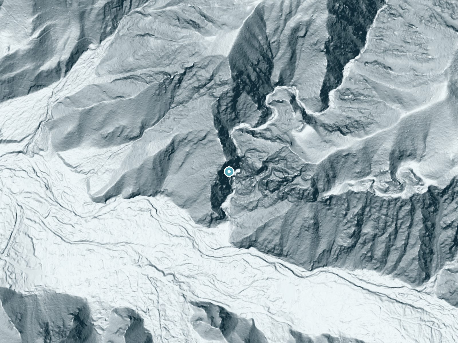 LiDAR bare-earth terrain around Big Falls near Oak Glen, California, showing about 470 feet of drop, a single sheer drop, facing south