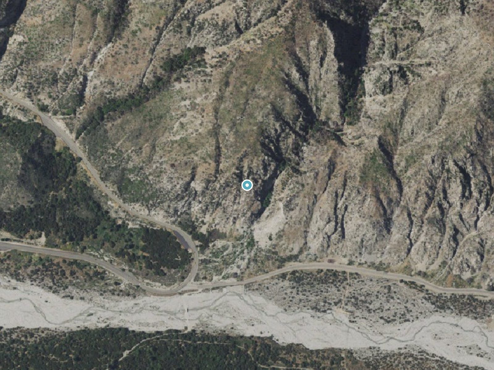 Aerial photo of the same ground around Monkeyface Falls near Oak Glen, California, for comparison with the lidar view