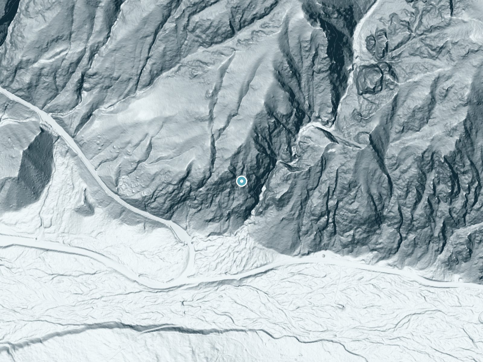 LiDAR bare-earth terrain around Monkeyface Falls near Oak Glen, California, showing about 492 feet of drop, a steep tiered drop, facing south