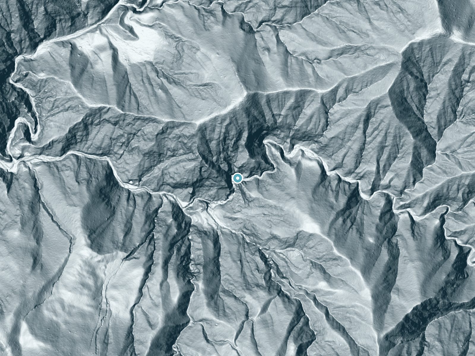 LiDAR bare-earth terrain around Wolfskill Falls near La Verne, California, showing about 415 feet of drop, a single sheer drop, facing southwest