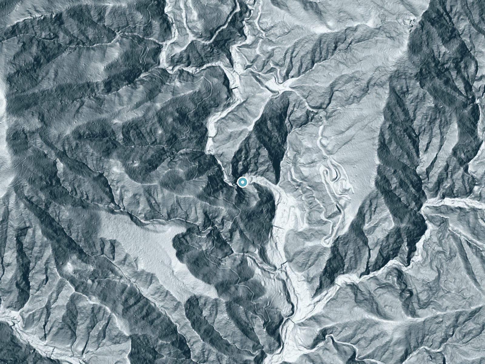 LiDAR bare-earth terrain around Sturtevant Falls near Sierra Madre, California, showing about 307 feet of drop, a steep tiered drop, facing east