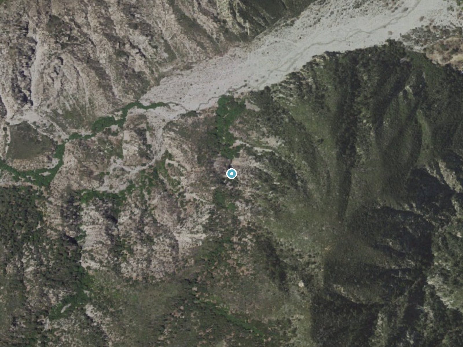 Aerial photo of the same ground around Bonita Falls near Lytle Creek, California, for comparison with the lidar view