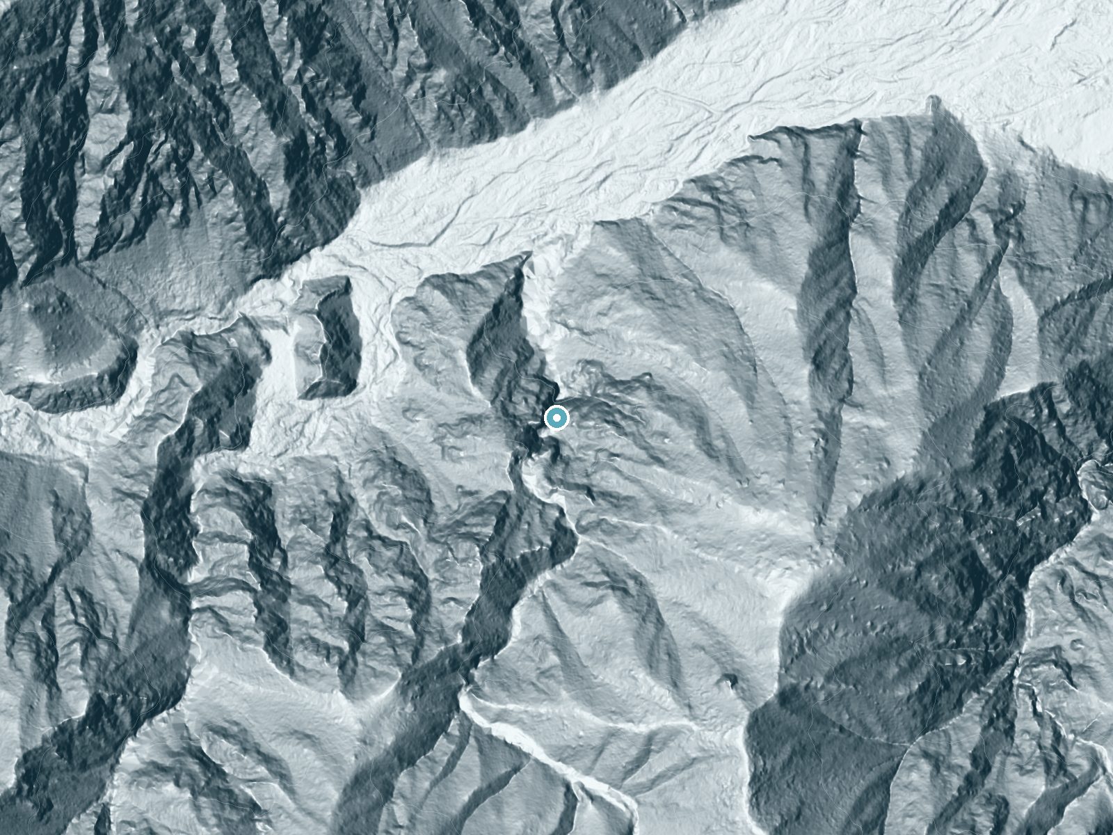 LiDAR bare-earth terrain around Bonita Falls near Lytle Creek, California, showing about 429 feet of drop, a single sheer drop, facing north