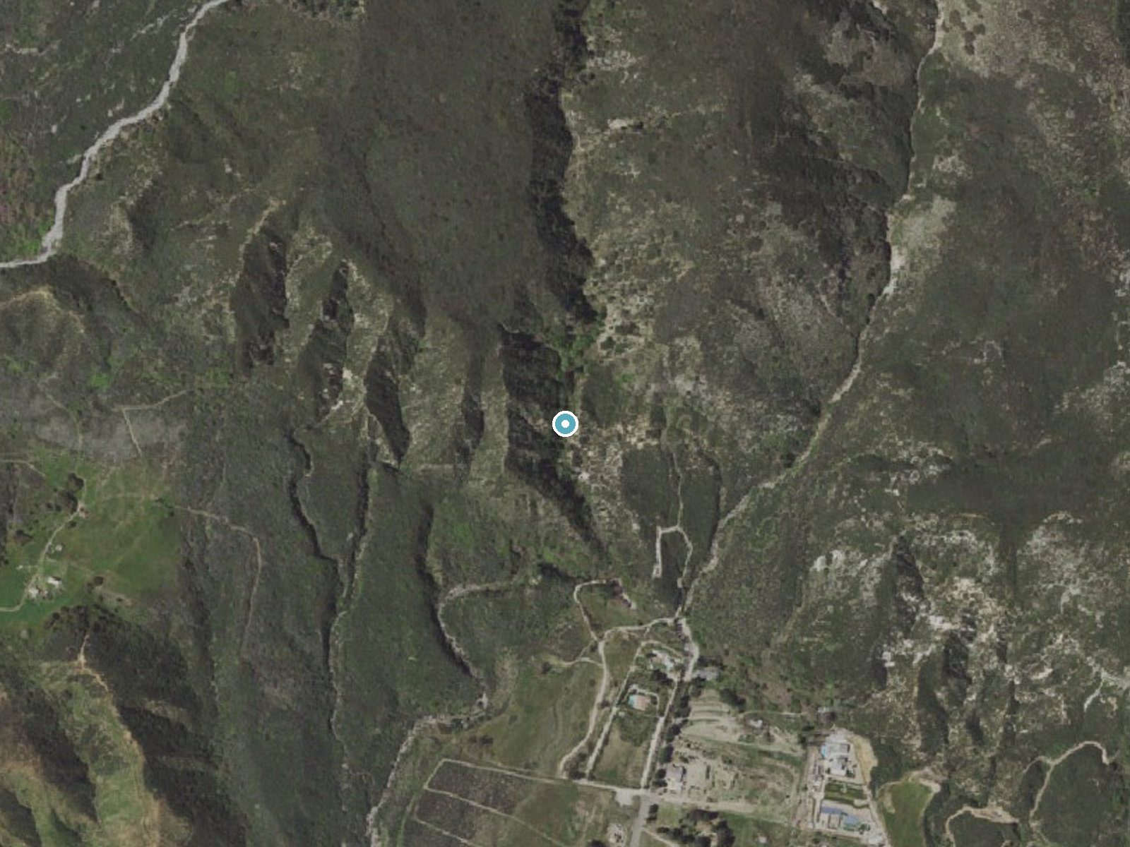 Aerial photo of the same ground around Middleman Falls near Lytle Creek, California, for comparison with the lidar view