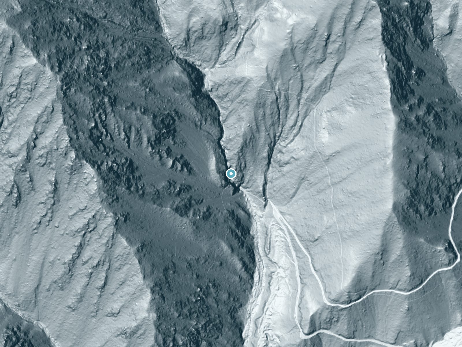 LiDAR bare-earth terrain around San Antonio Falls near Wrightwood, California, showing about 386 feet of drop, a steep tiered drop, facing southeast