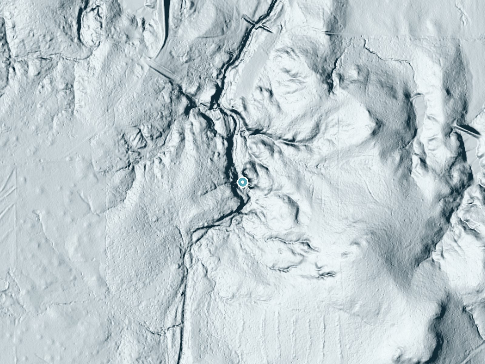 LiDAR bare-earth terrain around Rock Creek Falls near Coleman, Oklahoma, showing about 52 feet of drop, a long cascade, facing northwest