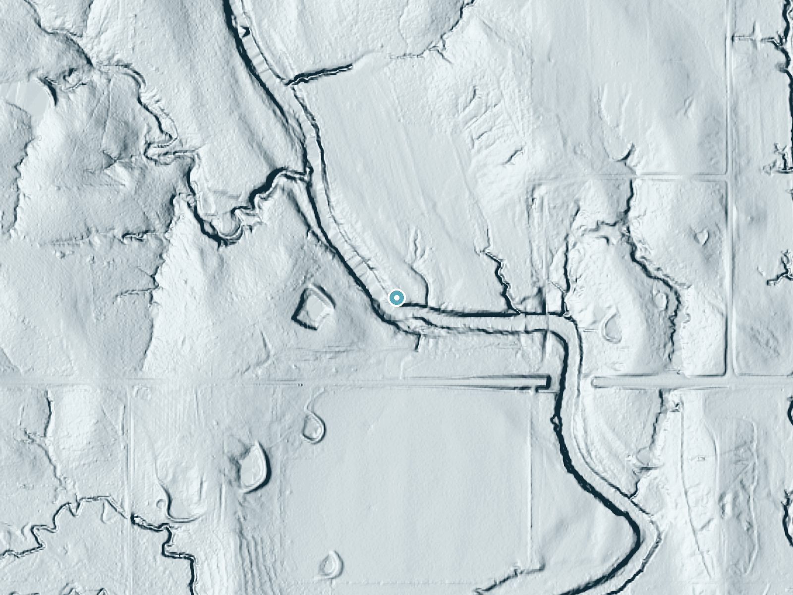 LiDAR bare-earth terrain around Cheadle Falls near Milburn, Oklahoma, showing about 24 feet of drop, a long cascade, facing southwest