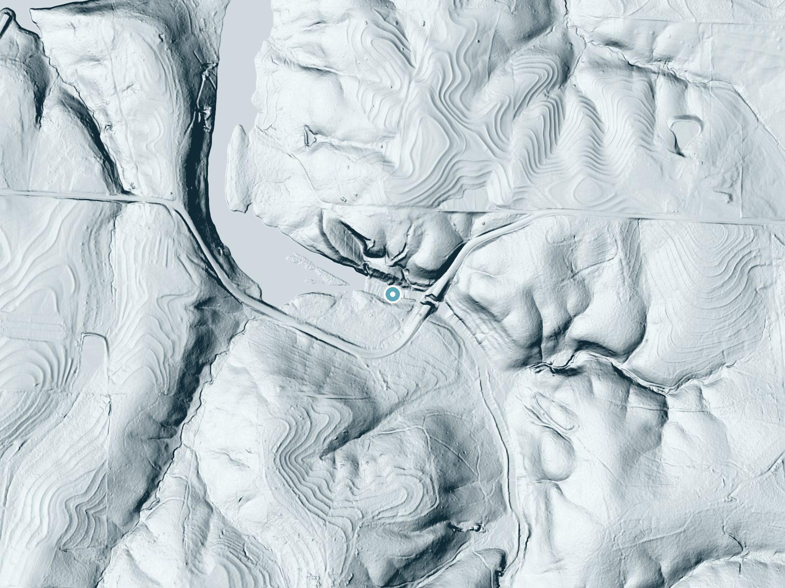 LiDAR bare-earth terrain around Quarter Creek Falls near Haleyville, Alabama, showing about 60 feet of drop, a long cascade, facing southwest