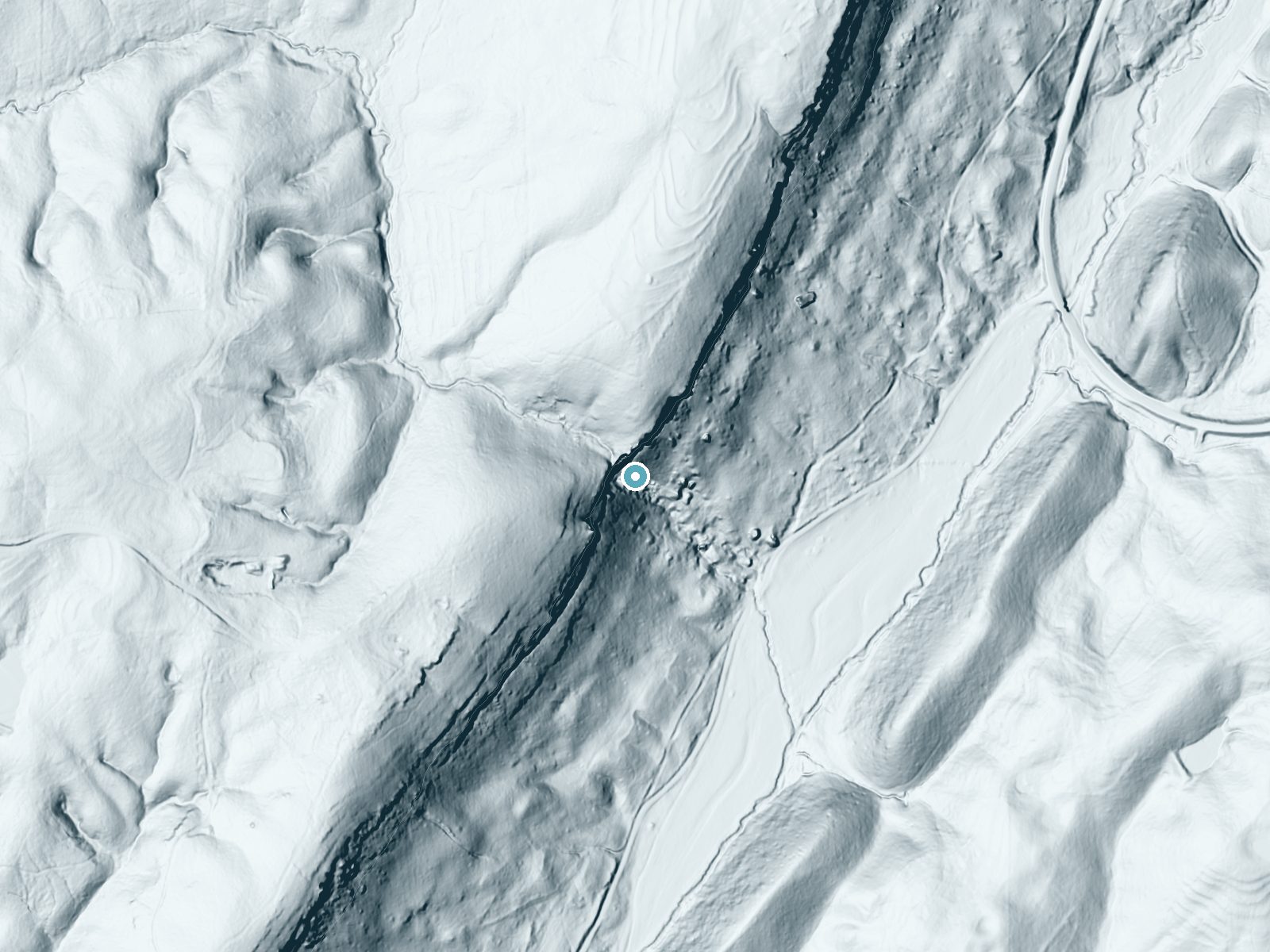 LiDAR bare-earth terrain around Griffin Falls near Crossville, Alabama, showing about 291 feet of drop, a single sheer drop, facing southeast