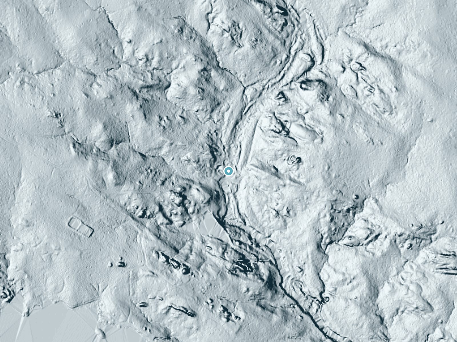 LiDAR bare-earth terrain around Slippery Falls near Reagan, Oklahoma, showing about 26 feet of drop, a long cascade, facing south