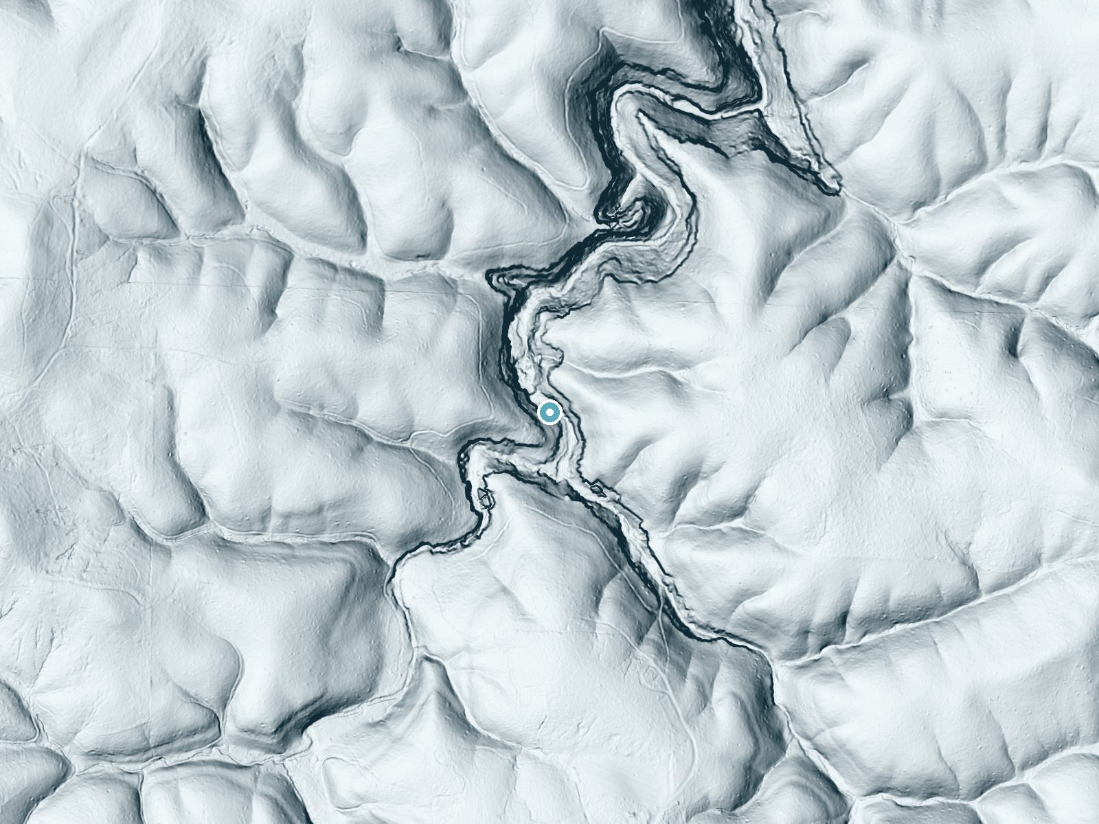 LiDAR bare-earth terrain around Parker Falls near Haleyville, Alabama, showing about 130 feet of drop, a steep tiered drop, facing west