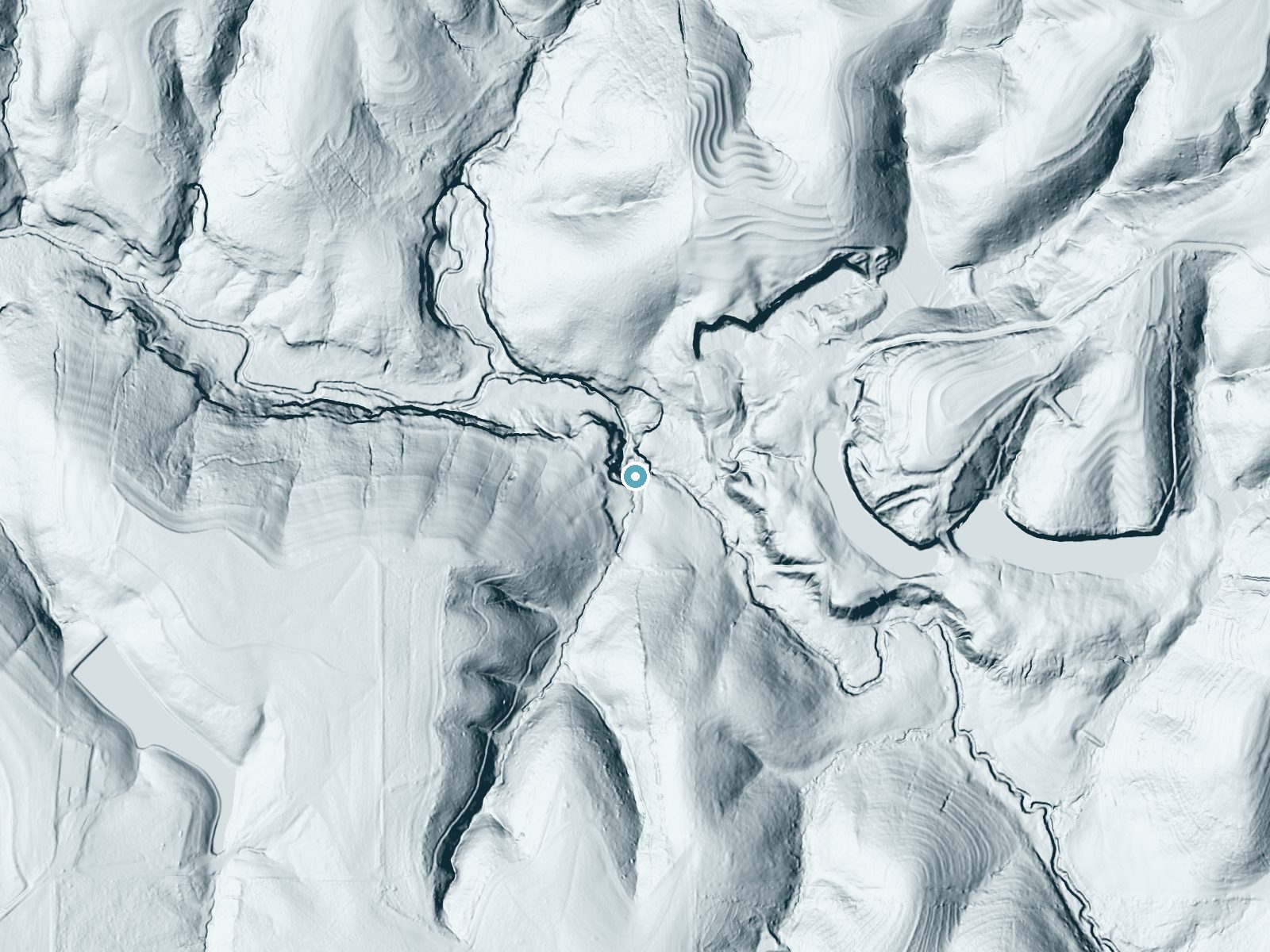 LiDAR bare-earth terrain around Butler Falls near Haleyville, Alabama, showing about 53 feet of drop, a long cascade, facing northeast