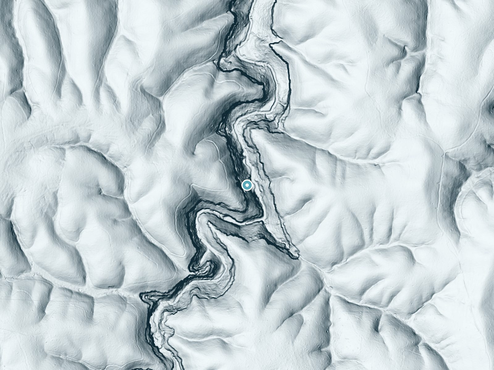LiDAR bare-earth terrain around Parker Cascades near Haleyville, Alabama, showing about 184 feet of drop, a steep tiered drop, facing east