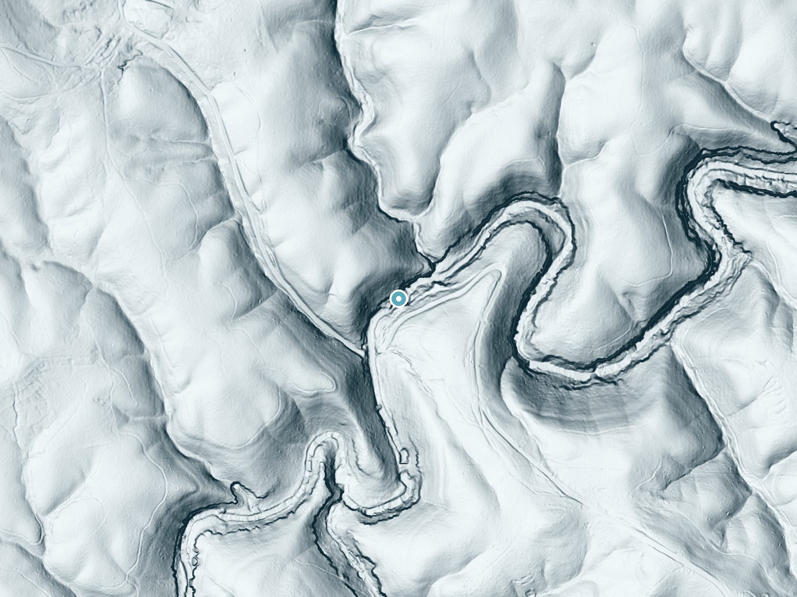 LiDAR bare-earth terrain around Kinlock Falls near Haleyville, Alabama, showing about 157 feet of drop, a steep tiered drop, facing southeast