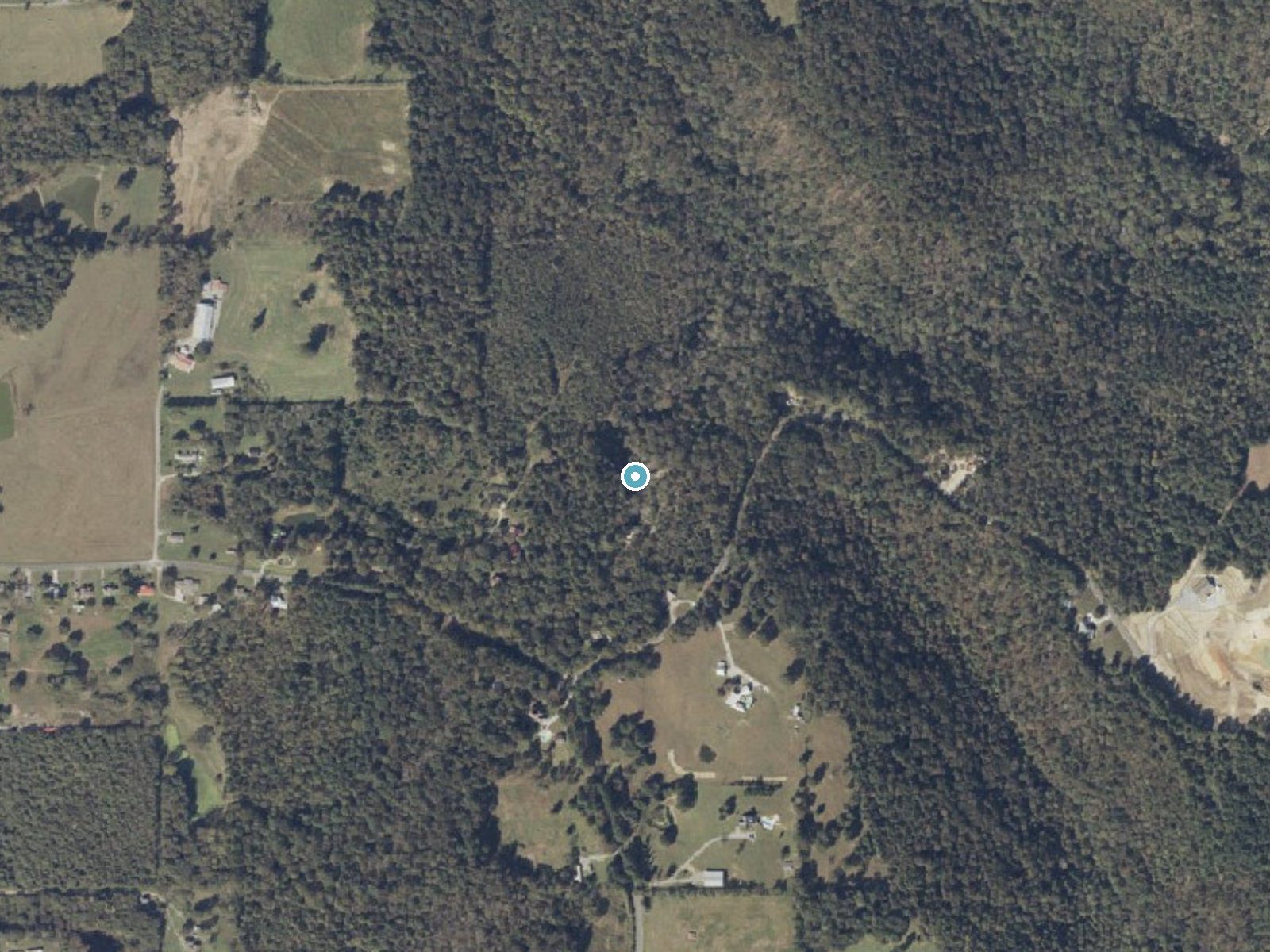 Aerial photo of the same ground around Thompson Falls near Arab, Alabama, for comparison with the lidar view