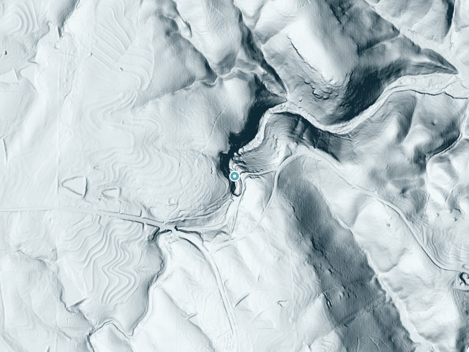LiDAR bare-earth terrain around Thompson Falls near Arab, Alabama, showing about 195 feet of drop, a steep tiered drop, facing northeast