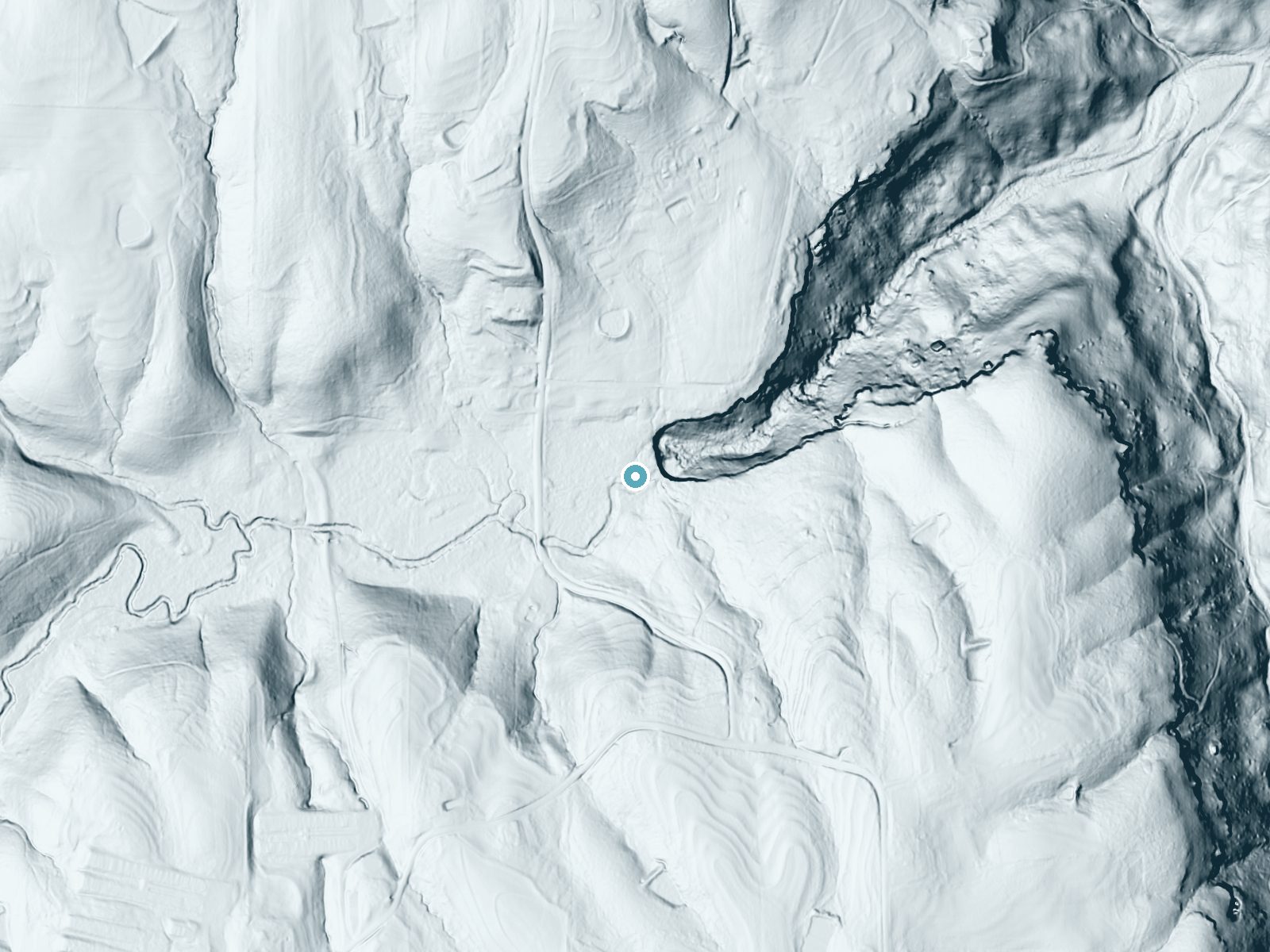 LiDAR bare-earth terrain around Welcome Falls near Fairview, Alabama, showing about 69 feet of drop, a long cascade, facing northeast