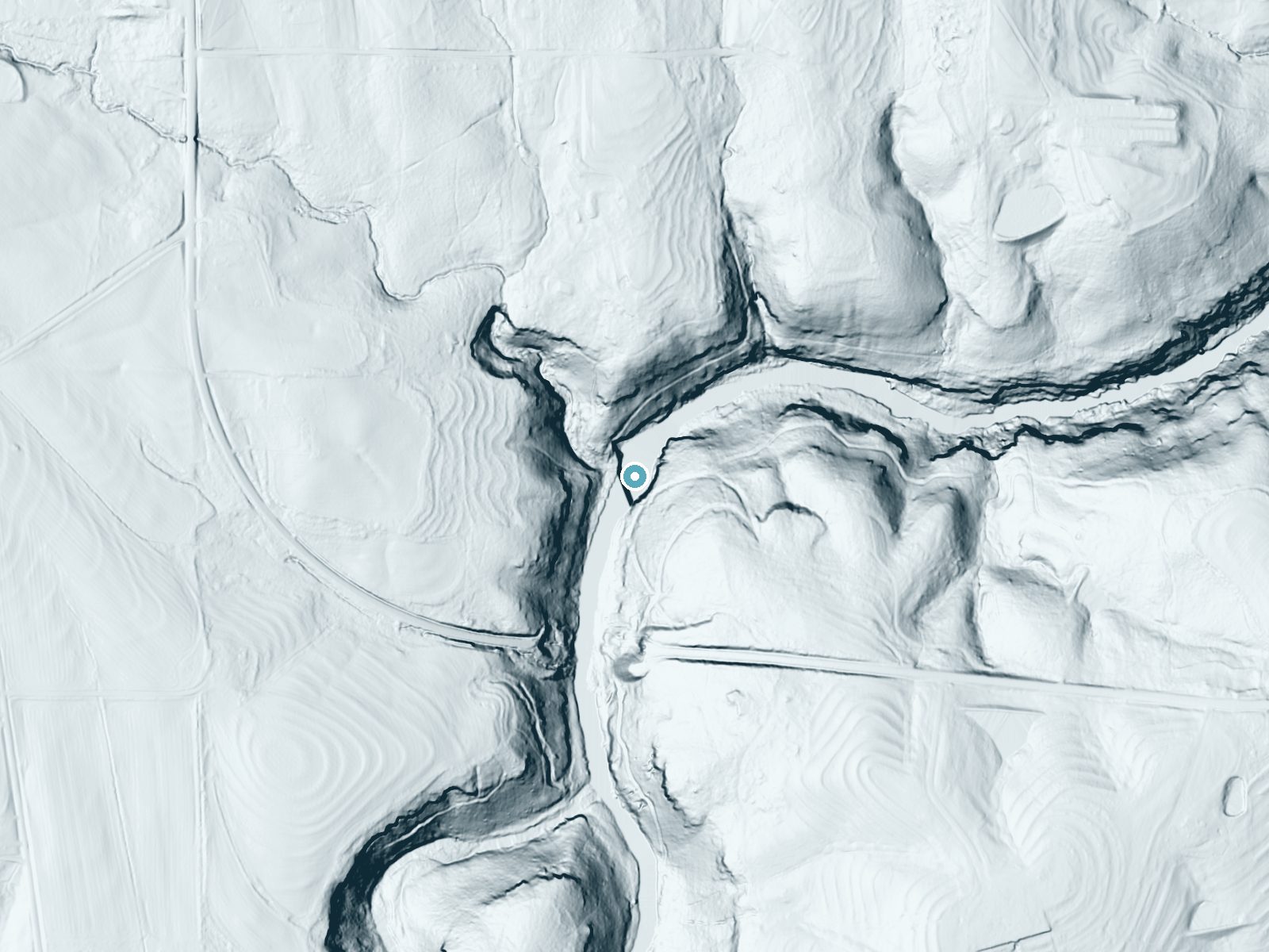 LiDAR bare-earth terrain around Short Creek Falls near Albertville, Alabama, showing about 98 feet of drop, a steep tiered drop, facing northwest