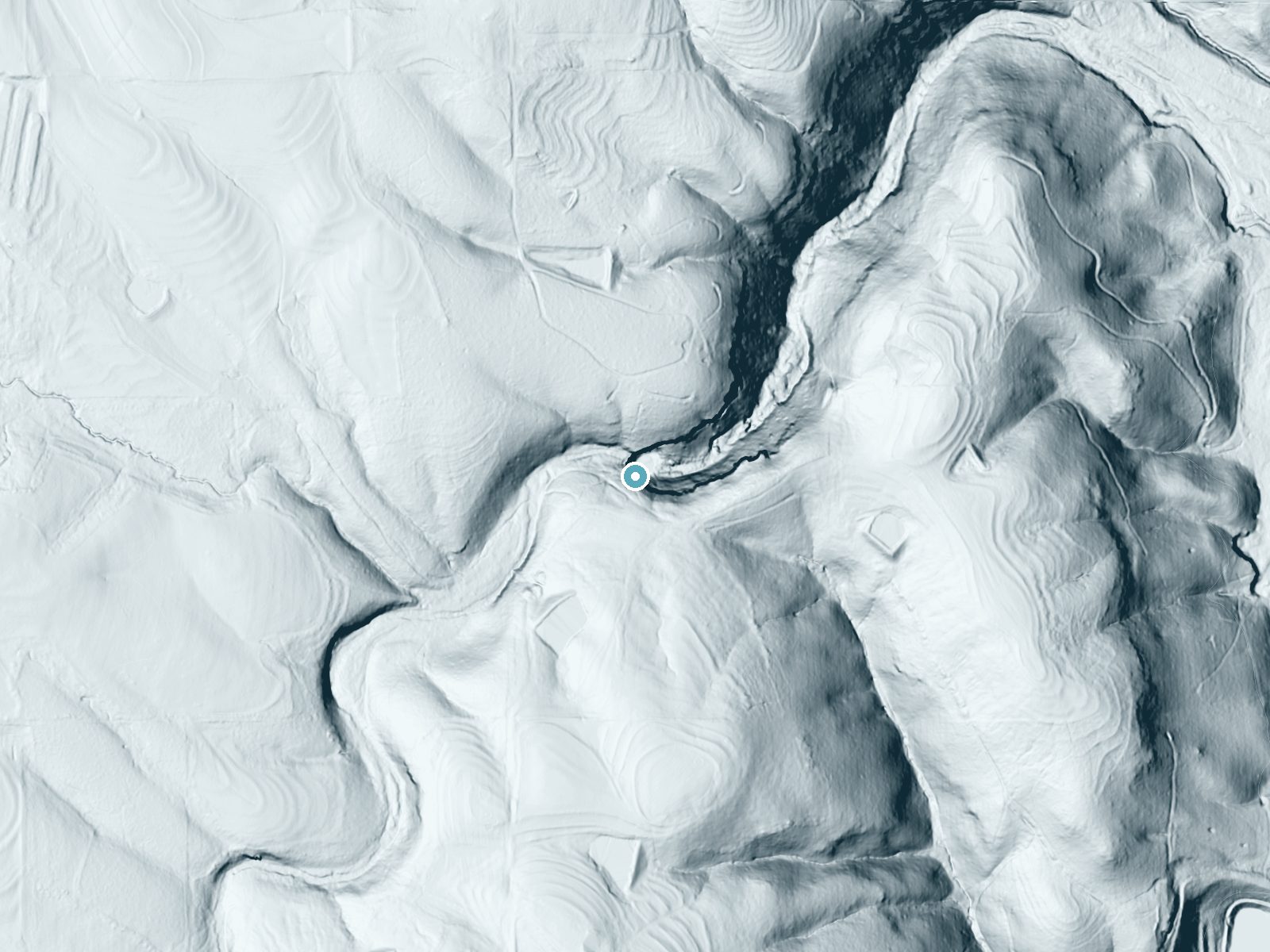 LiDAR bare-earth terrain around Ragsdale Falls near Arab, Alabama, showing about 124 feet of drop, a single sheer drop, facing northeast