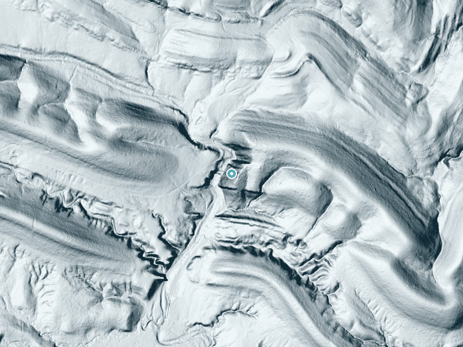 LiDAR bare-earth terrain around Cedar Falls near Gene Autry, Oklahoma, showing about 153 feet of drop, a steep tiered drop, facing west