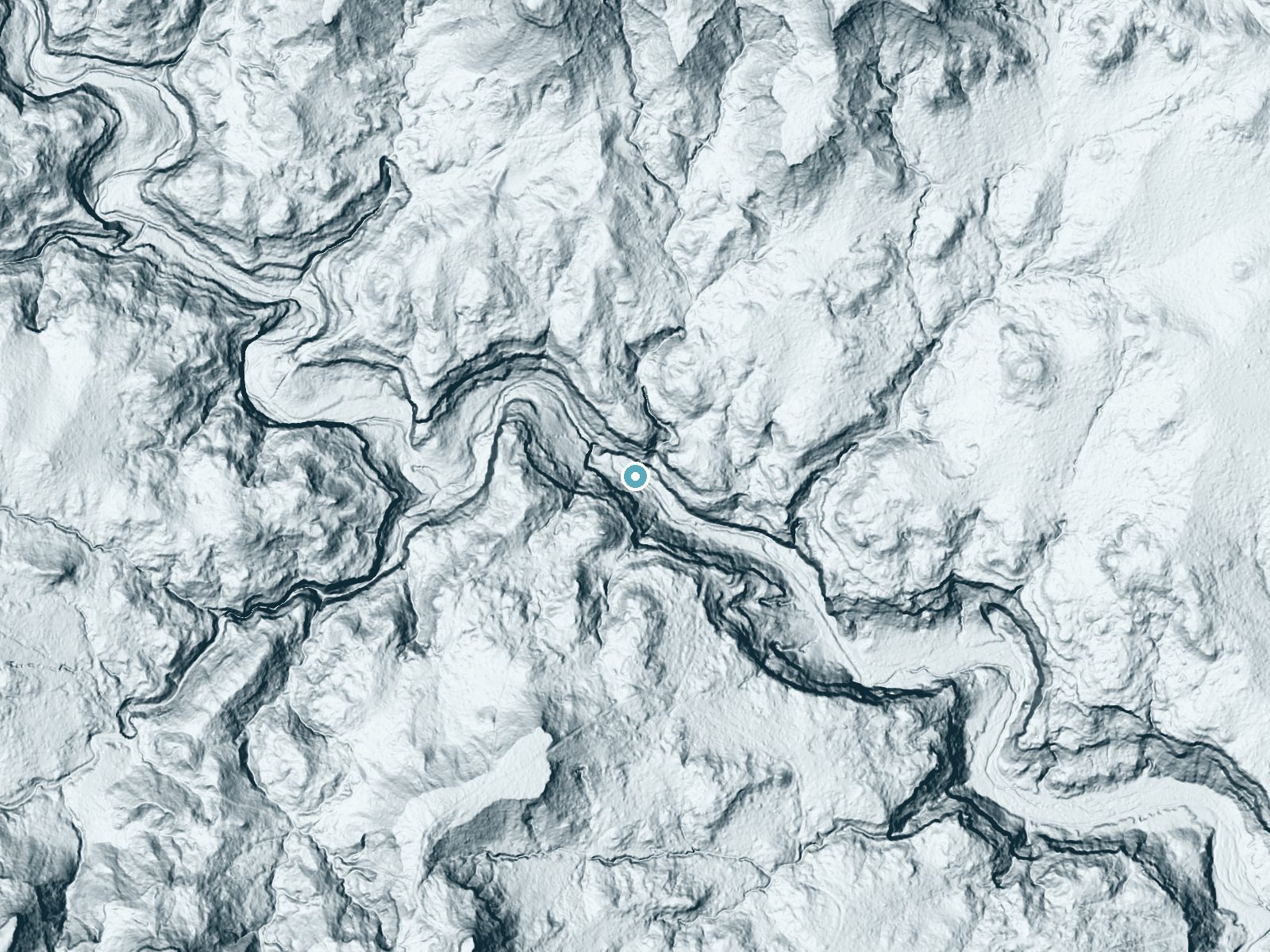 LiDAR bare-earth terrain around Lingos Falls near Quitaque, Texas, showing about 152 feet of drop, a steep tiered drop, facing south