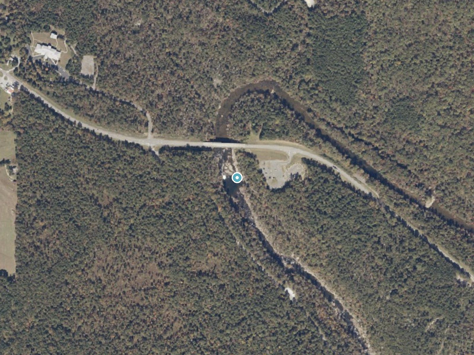 Aerial photo of the same ground around Little River Falls near Broomtown, Alabama, for comparison with the lidar view