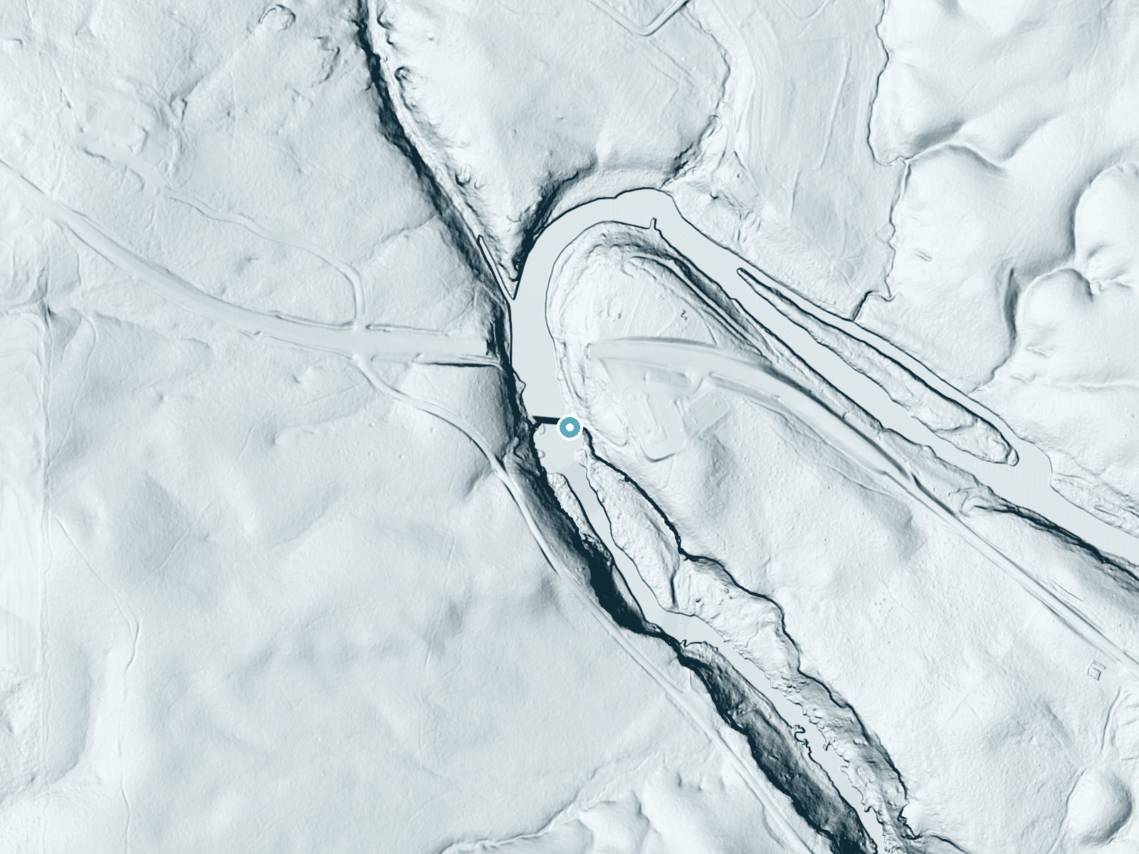 LiDAR bare-earth terrain around Little River Falls near Broomtown, Alabama, showing about 90 feet of drop, a steep tiered drop, facing southwest