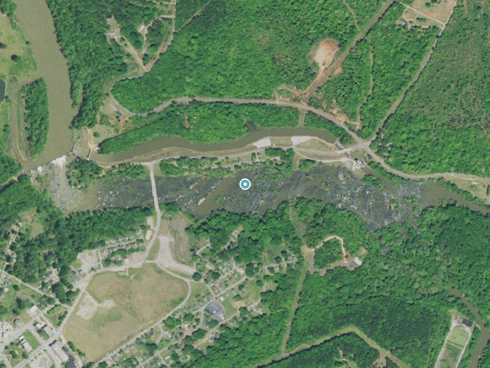 Aerial photo of the same ground around Great Falls near Ware Shoals, South Carolina, for comparison with the lidar view