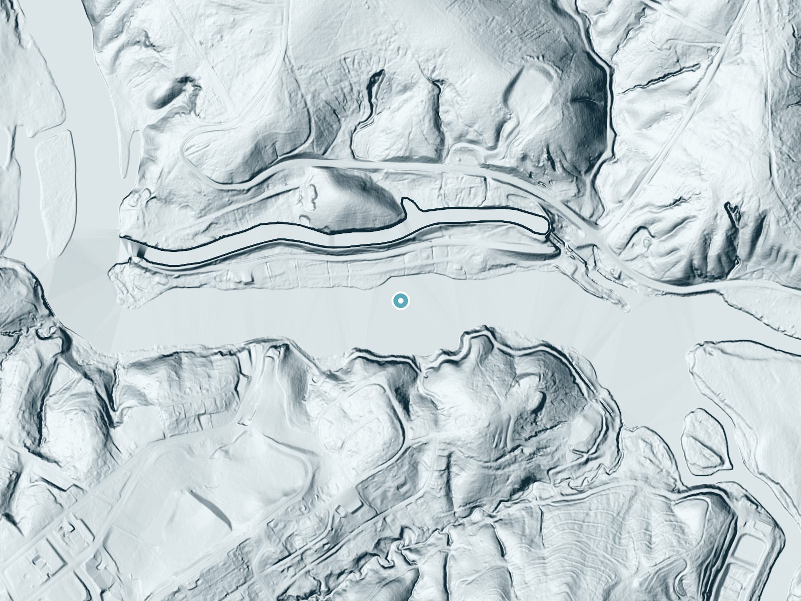 LiDAR bare-earth terrain around Great Falls near Ware Shoals, South Carolina, showing about 17 feet of drop, a long cascade, facing southeast