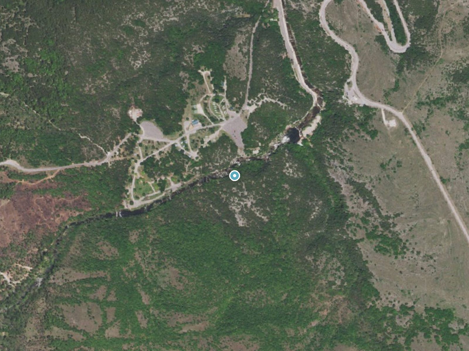Aerial photo of the same ground around Bridal Veil Falls near Davis, Oklahoma, for comparison with the lidar view