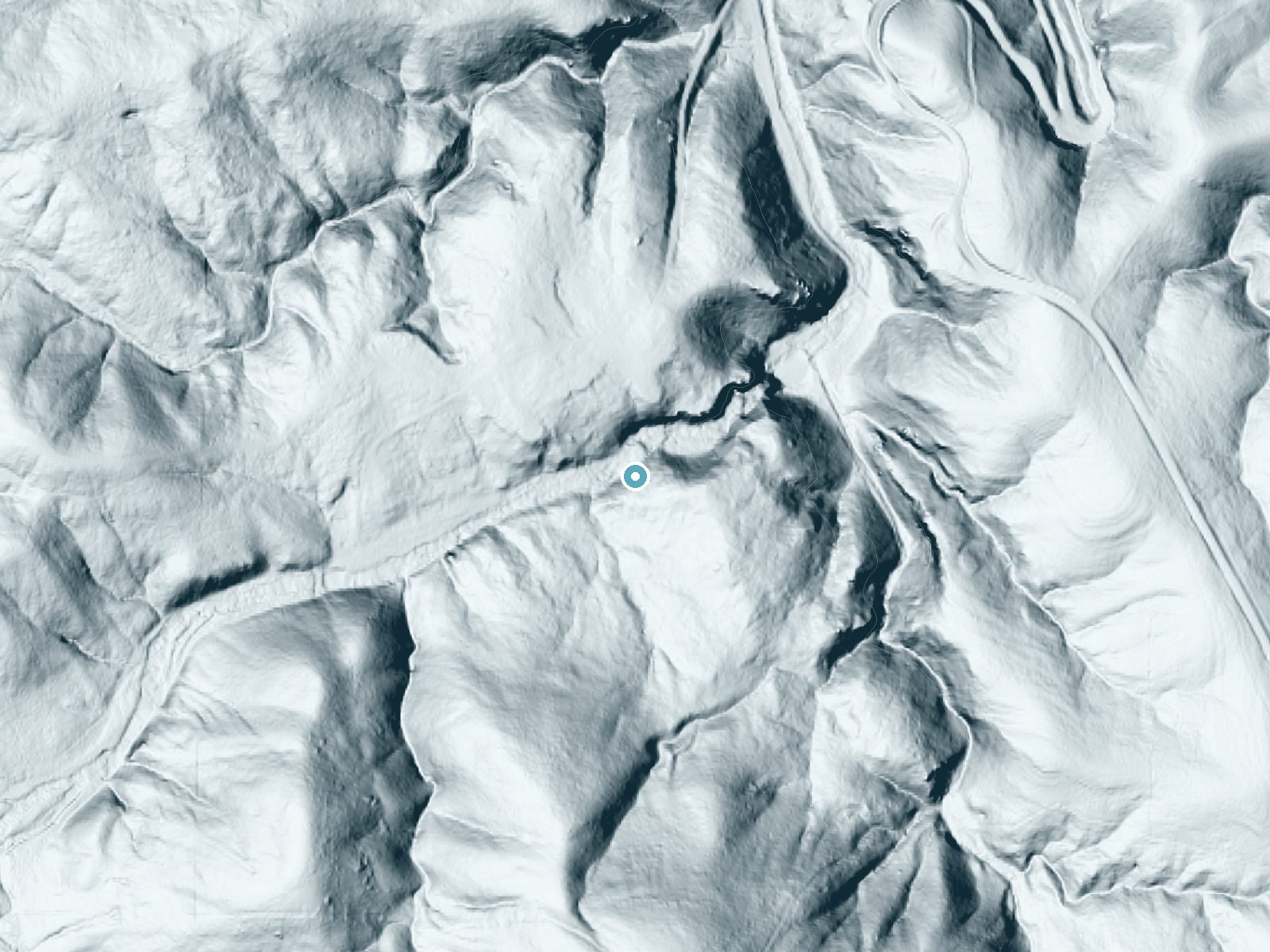 LiDAR bare-earth terrain around Bridal Veil Falls near Davis, Oklahoma, showing about 92 feet of drop, a long cascade, facing north