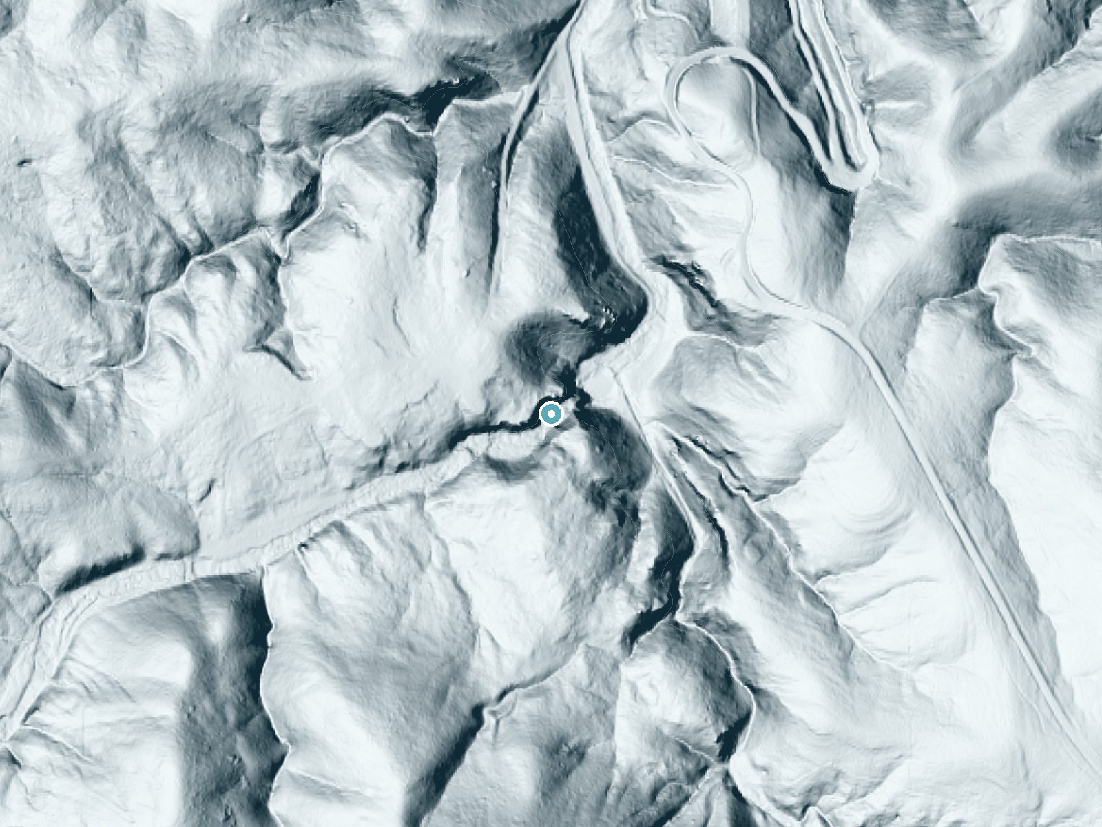 LiDAR bare-earth terrain around Turner Falls near Davis, Oklahoma, showing about 147 feet of drop, a steep tiered drop, facing northeast