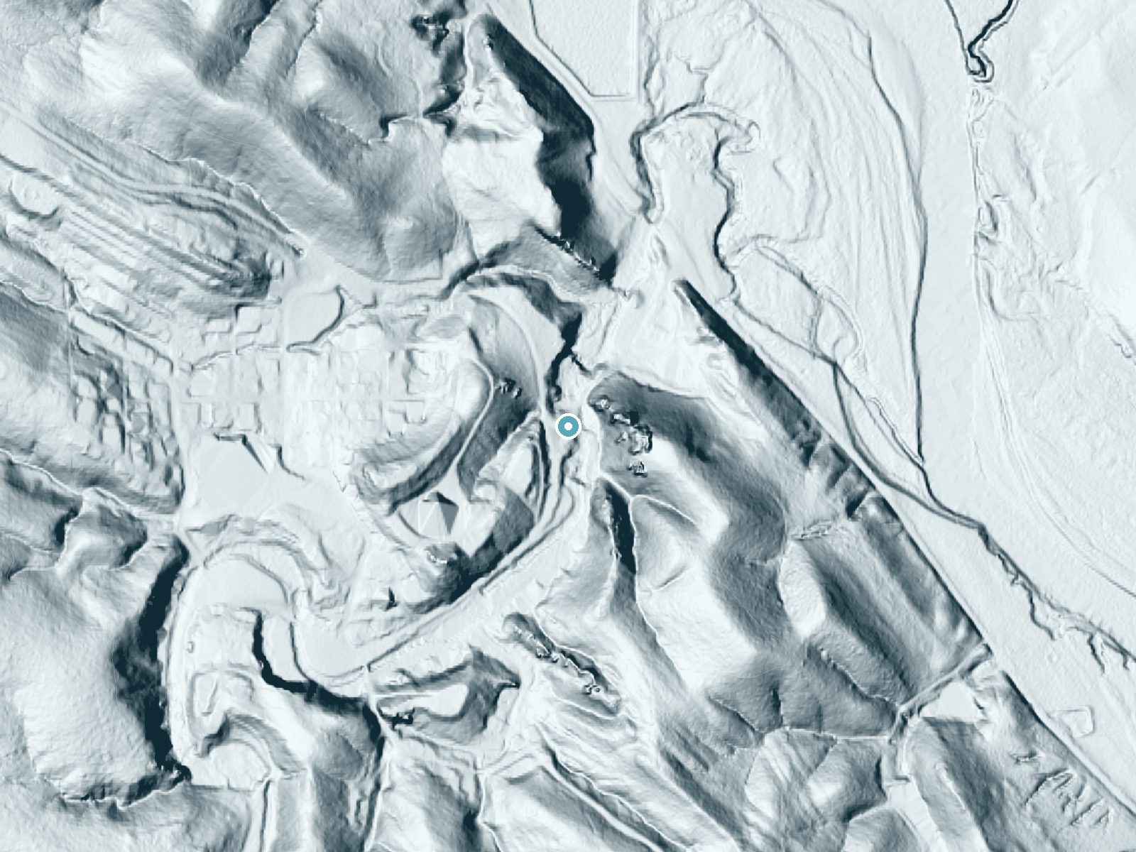 LiDAR bare-earth terrain around Price Falls near Dougherty, Oklahoma, showing about 102 feet of drop, a long cascade, facing northeast