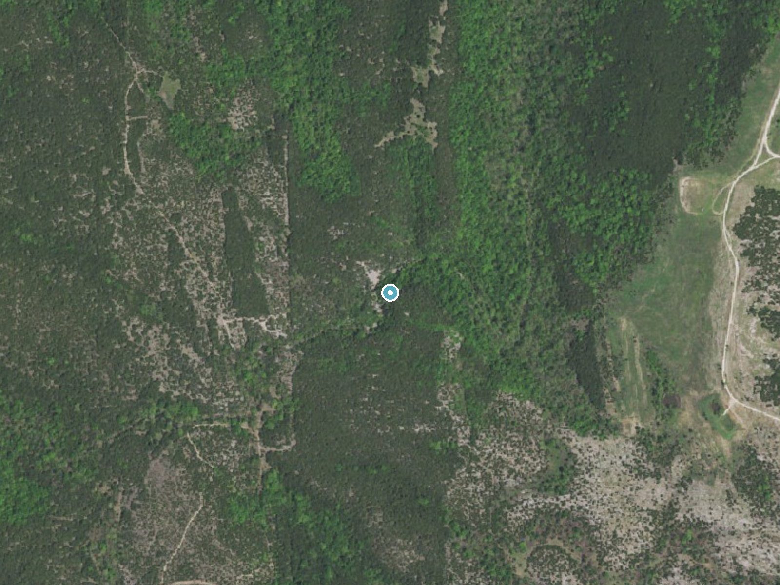 Aerial photo of the same ground around Lick Creek Falls near Davis, Oklahoma, for comparison with the lidar view