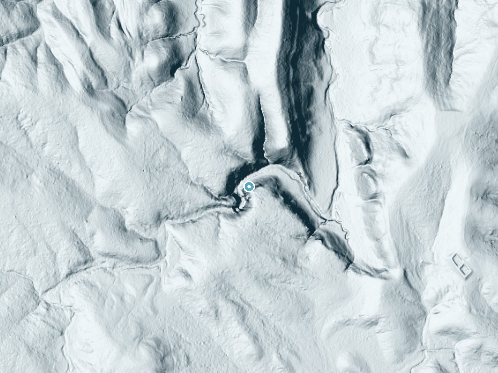 LiDAR bare-earth terrain around Lick Creek Falls near Davis, Oklahoma, showing about 93 feet of drop, a steep tiered drop, facing north