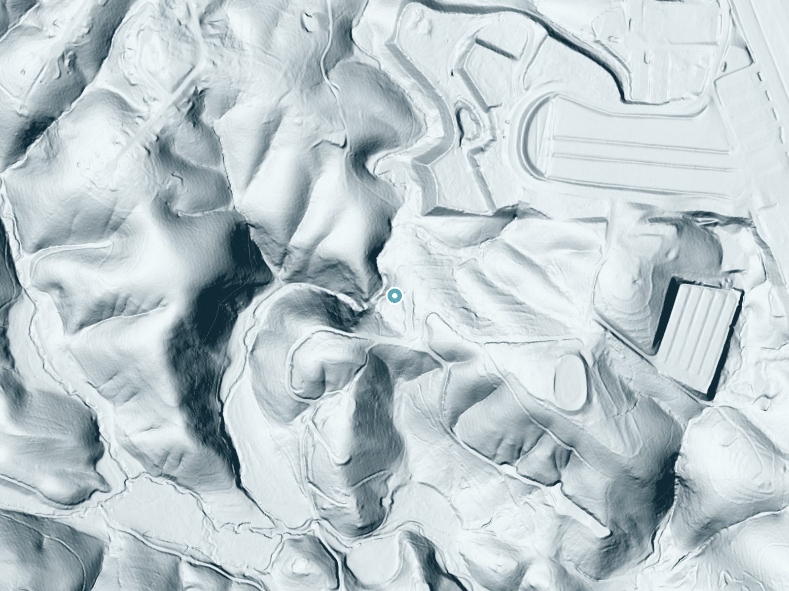 LiDAR bare-earth terrain around Padgett Falls near Jasper, Georgia, showing about 153 feet of drop, a steep tiered drop, facing west