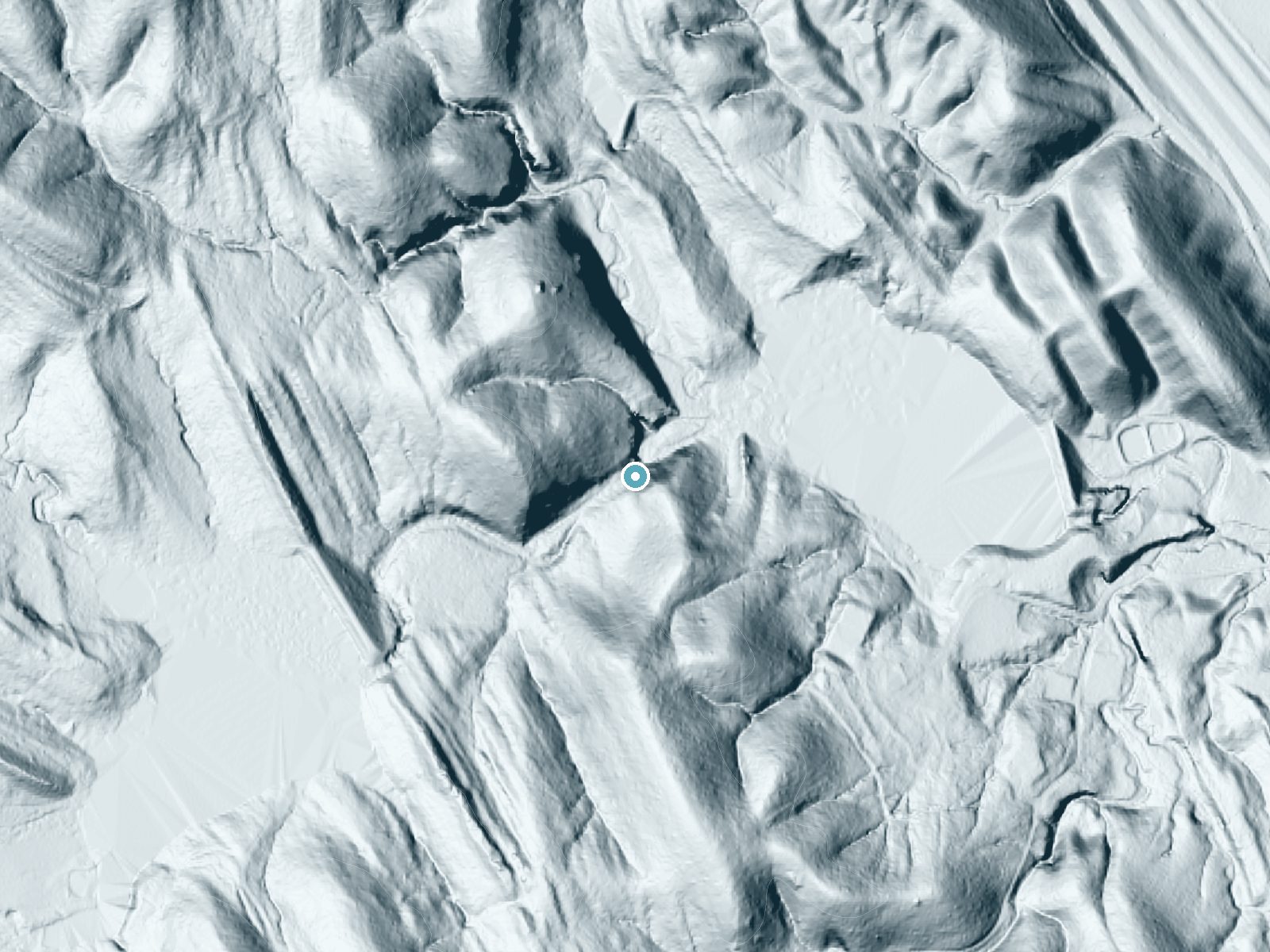 LiDAR bare-earth terrain around Classen Falls near Davis, Oklahoma, showing about 104 feet of drop, a long cascade, facing north
