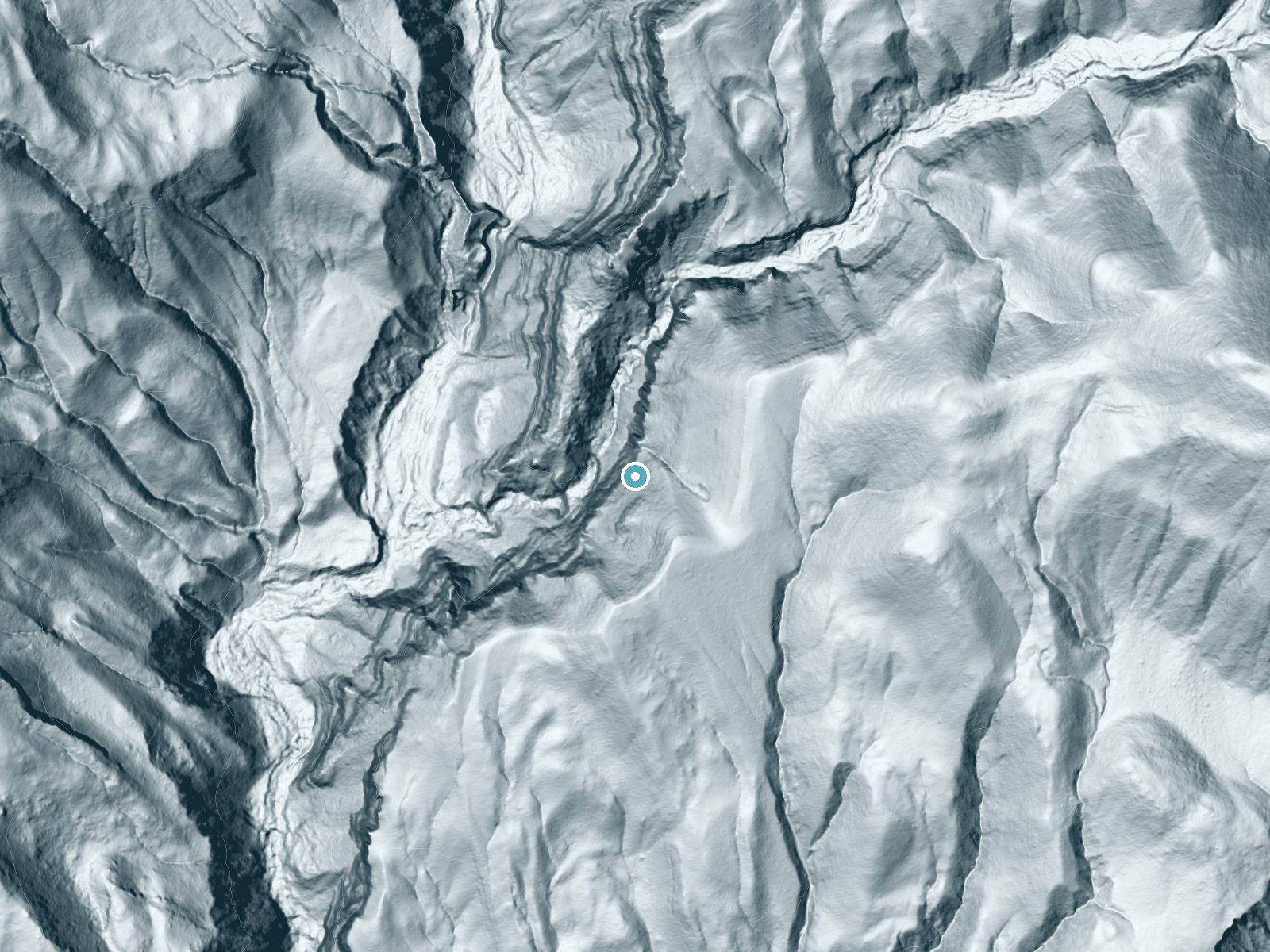 LiDAR bare-earth terrain around The Punch Bowl near Santa Paula, California, showing about 457 feet of drop, a single sheer drop, facing northwest