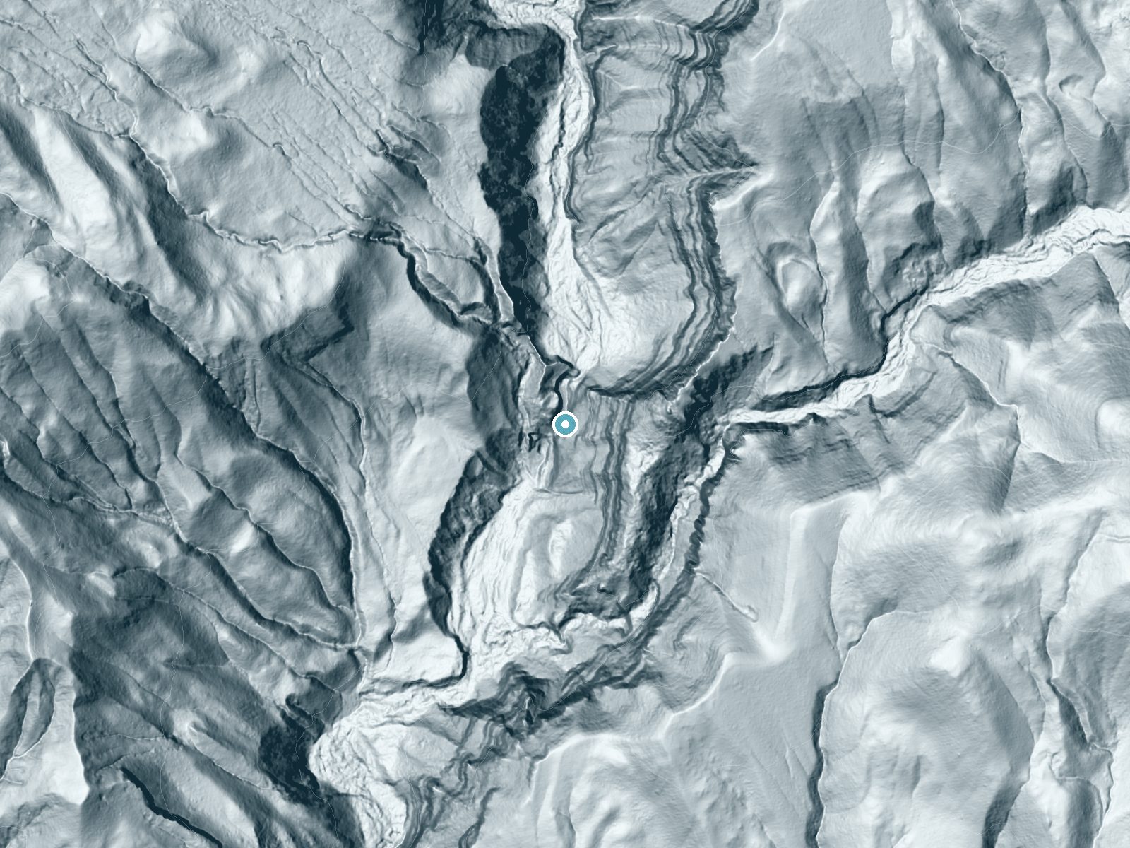 LiDAR bare-earth terrain around Jackson Falls near Santa Paula, California, showing about 416 feet of drop, a single sheer drop, facing west