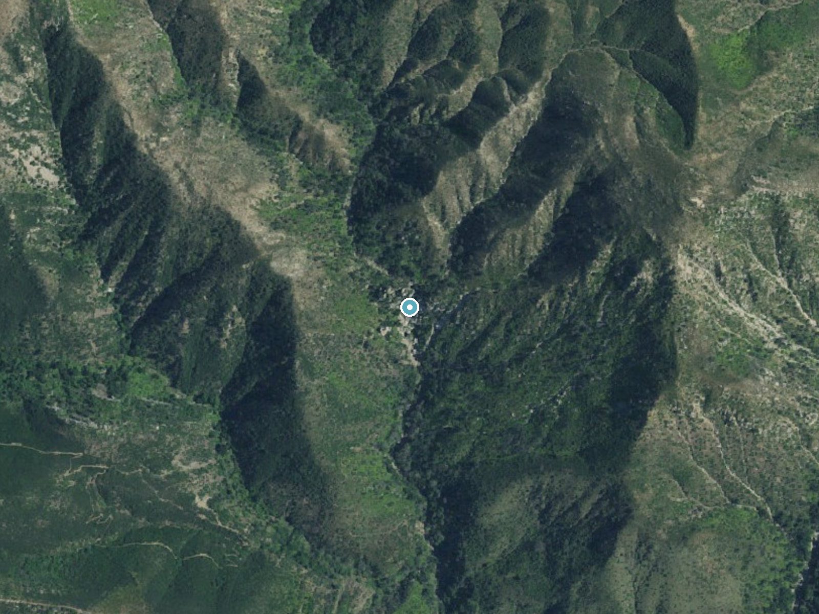 Aerial photo of the same ground around Tangerine Falls near Montecito, California, for comparison with the lidar view